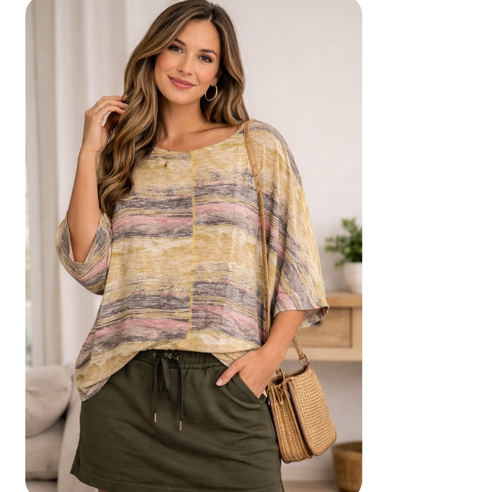 NWT Grey State Women's Multicolor Cotton Linen Boat Neck 3/4 Sleeve Blouse S